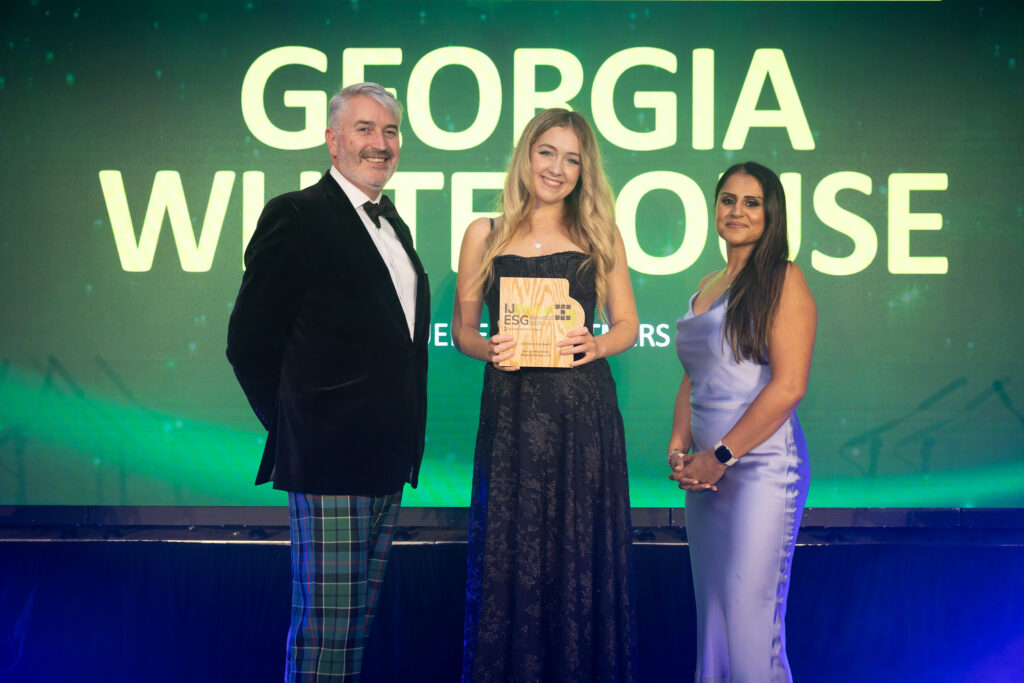 Georgia Whitehouse receiving the 'Rising Star' award from IJ Global's Editorial Director, Angus Leslie Melville, and Senior Editor, Ila Pate